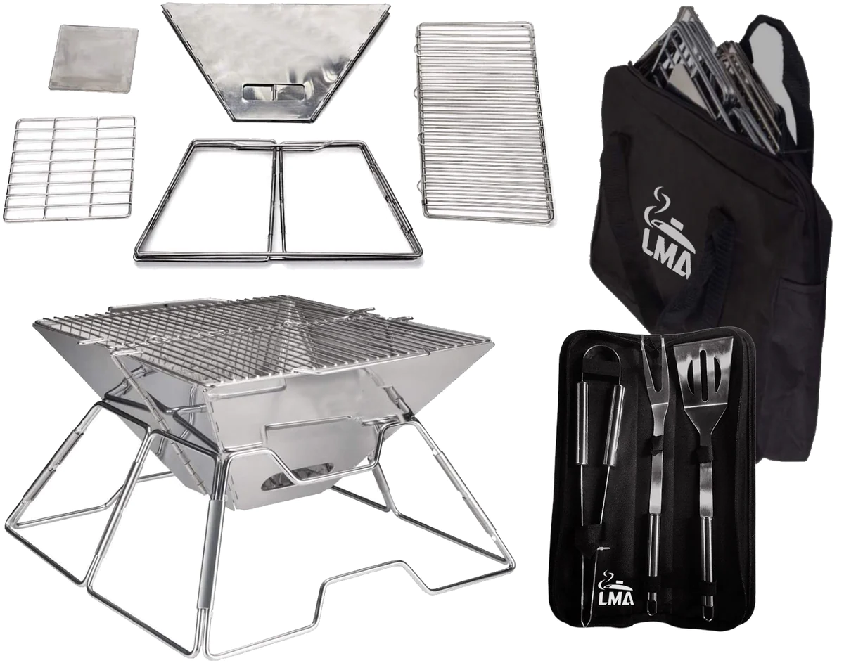 LMA Braai Master Folding BBQ Stand & 3 Piece Utensil Set with Carrying Bags