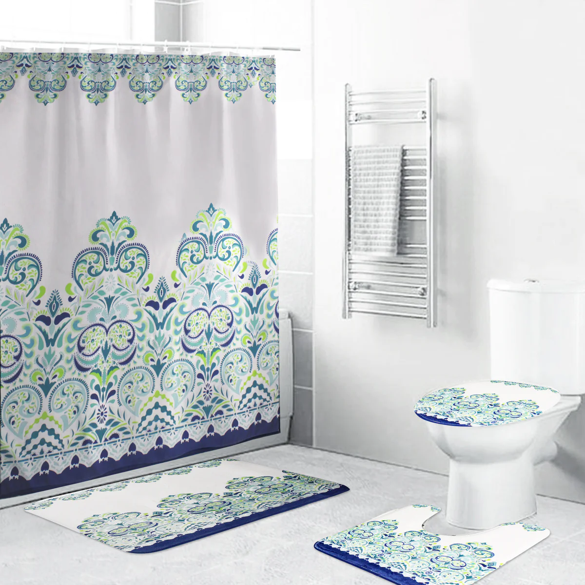 LMA 180cm Pattern Fabric Shower Curtain & 3 Piece Toilet Cover & Mat Set